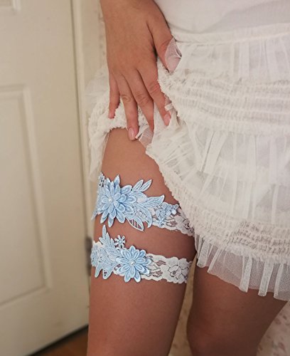 Dasiy wedding garters for bride bridal lace garter set hand sewn pearls (sky blue)