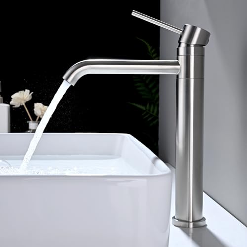 DETBOM 360° Swivel High Basin Tap, Single Lever Hot and Cold Water, Bathroom Mixer Tap in 304 Stainless Steel, Removable Aerator, Brushed Silver