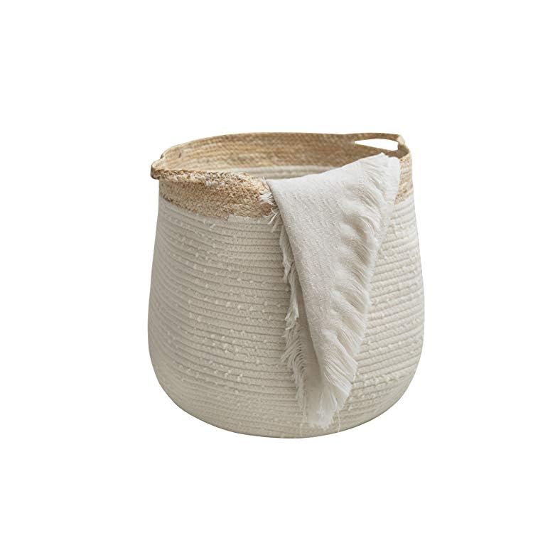 Rope Basket Woven Storage Basket – Laundry Basket Large 17.3x 15 x 14.1 Inches Cotton Blanket Organizer, Baby Nursery…
