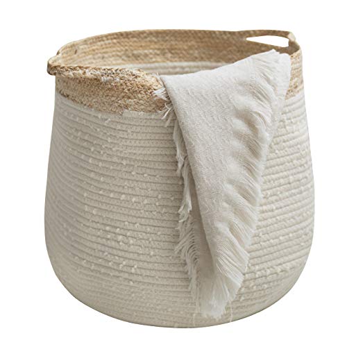 canasta de cuerda tejida para almacenamiento, canasta de lavandería grande, 17.3 x 15 x 14.1 pulgadas, organizador de mantas de algodón, contenedores de guardería para bebés, regalo blanco para decoración del hogar