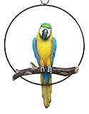 Ebros Patio Home Garden Hanging Scarlet Macaw Parrot Perching on Branch in Metal Round Ring Figurine Sculpture Nature Lovers Tropical Bird Collectors Decor 13.5