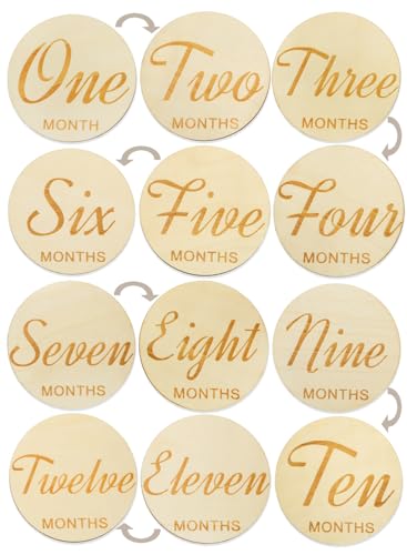 Wooden Baby Monthly Milestones for Newborn Baby,1-12 Months Baby Announcement Discs, Pregnancy Baby Shower Gifts (6 pcs Double-Sided Fonts & Animals)