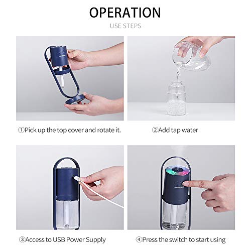 Homeet Mini Humidificador, Humidificador Portátil 200ml Humidificadores de Niebla USB Humidificador Ultrasónico Aire de Vapor Silencioso Rotación de 360° con LED de 7 Colores para Coche Mesa,【DC 5V】