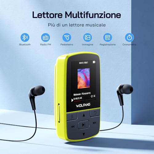 WOLFANG Bluetooth 5.2 MP3 Player, Sports Clip, Mini Size, 1 oz, FM HiF Radio, Voice Recorder, Earphones Included, Fluorescent Green