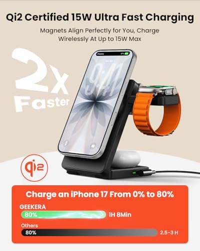 15W Fast Wireless Charging Station, GEEKERA 3 in 1 Magnetic Wireless Charger Stand for Apple Devices, Foldable Travel Charging Dock for iPhone 17 16 15 14 13 12, for Apple Watch & AirPods