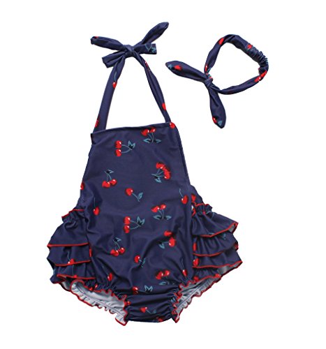 Baby Girl Cherry Pattern Bathing Suits Outfits Rompers With Headband (2-4 Years,Navy)