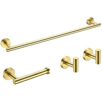 Hoooh 4-Piece Bathroom Accessories Set Stainless Steel Wall Mount Brushed Gold - Includes 24-Inch Towel Bar, Toilet Paper Holder, 2x Robe Hooks, BS100S4B-BG