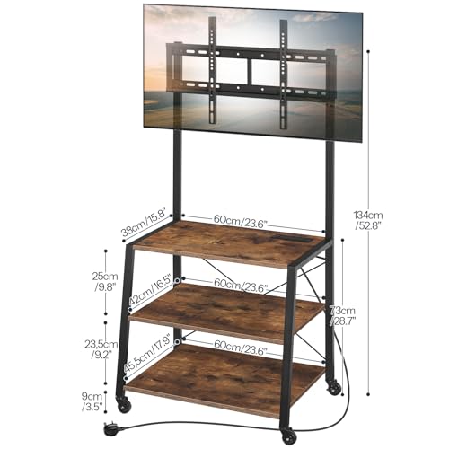 HOOBRO Mobile TV Stand Cart, 3 Tier Floor TV Cart with Wheels, Rolling TV Stand for Living Room, Height Adjustable Rolling TV Storage for Bedroom, Office, Rustic Brown and Black EBF66KDS01