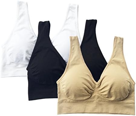 Women's Fitness Yoga Tank Top Seamless Sports Bras Sleep Bra 3 Pack,Black/Beige/White,XX-Large