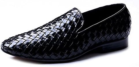 Fulinken Men's Leather Moccasin Casual Woven Slip on Loafers Causal Mens Shoes (8.5, Black)
