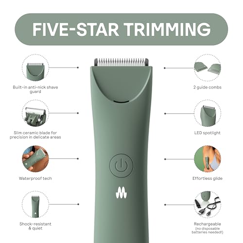 MERIDIAN Slimmer Trimmer, Pubic & Body Hair Trimmer, Bikini Hair Removal, No Nicks, Razor Burn, No Ingrowns, Ergonimic Design, Wet/Dry Tech, LED Spotlight (Sage)