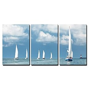 3 Piece Canvas Wall Art - Sailboats Sailing, Blue Cloudy Sky and White Sails - Modern Home Art Stretched and Framed Ready to Hang - 16"x24"x3 Panels