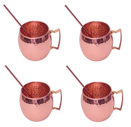 ORIEN CRAFT Moscow Mule Copper Mugs Set of 4 Pure Solid Handcrafted in India Moscow Mule Cups Set of 4 (16 OZ Each Mugs) - Set of 4 Copper Cocktail Mugs with 4 Straws and 1 Jigger!