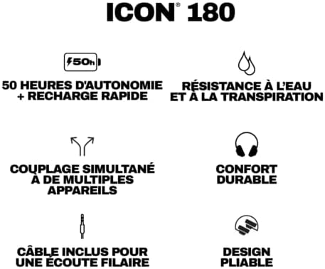 Icon 180 Wireless on-Ear Bluetooth Headphones, Up to 50 Hours Battery, Lightweight and Travel Ready, Secure Fit, Sweat and Water Resistant, Microphone iPhone Android - True Black