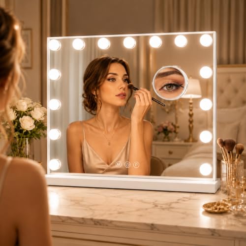 Hcosmy Vanity Mirror with Lights Lighted Makeup Mirror with 15 Dimmable LED Bulbs,3 Color Lighting Modes,USB Charging Port Touch Control,Sturdy Metal Frame Design 24x18 Inch