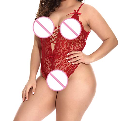 Women Sexy Lingerie Plus Size Lace Babydoll Bodysuit Floral Nightwear Robe Bridal Lingerie with G-String (XL, Wine)