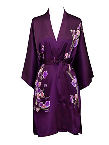 Old Shanghai Women's Silk Kimono Short Robe - Handpainted - Cherry Blossom Plum