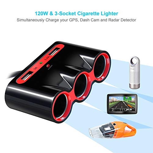 Cigarette Lighter Adapter, 120W 3-Socket Car Cigarette Lighter Splitter 3.4A Dual USB Car Charger Adapter DC 12V/24V Outlet Multi-Functions Car Splitter for iPhone iPad Samsung GPS Dashcam