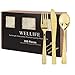 WELLIFE 300 Pieces Gold Plastic Cutlery Premium Quality Disposable Silverware Polished,100Knives,100Forks,100Spoons Heavy Duty Flatware for Weddings,Parties