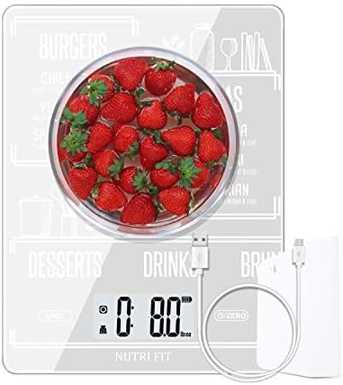 NUTRI FIT Rechargeable Digital Kitchen Scales, Electronic Food Scales with USB Baking & Cooking Scale, Portable and Tare Function 11lb/5kg (White)