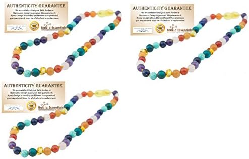 THREE Pack - Baltic Essentials 12.5 inch Baltic Amber Necklace Rainbow Honey Amber Pink Rose Quartz Red Agate Amethyst Aventurine Cyrsocolla Baby, Infant, Toddler, Big Kid. (3 Pack)