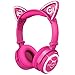 MindKoo Bluetooth Headphones Over-Ear Wireless Headphones Cat Ear Headphones with LED Light Foldable Built-in Microphone and Volume Control for PC Cell Phones Kids Teenager Boys Girls Adults Hot Pink