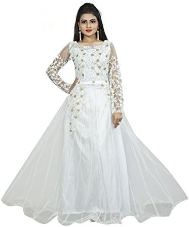 Women's Anarkali Ankle Length Gown (WhiteNetGown_White_Free Size)
