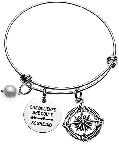 COMISAN Staniless Steel Adjustable Bangle Inspirational Charm Bracelet Best Friends Present Compass 2017 Gift Jewelry (She believed she could so she did)