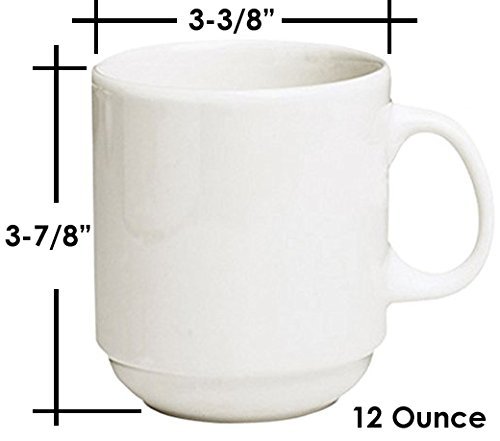 Stackable Ceramic Diner Coffee and Tea Mugs with Pan Scraper, 12 Ounce (4-Pack, White Ivory)