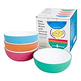 Kids Tempered Glass White Bowls with Silicone Sleeve - Suitable for Kids/Toddler/Baby Feeding - Microwave & Dishwasher Safe - Tempered Strong Glass - Non Slip - Cereal/Soup/Snack Dishes