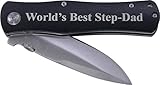 World's Best Step-Dad Folding Pocket Knife - Great Gift for Father's Day, Birthday, or Christmas Gift for Dad, Grandpa, Grandfather, Papa, Husband (Black Handle)