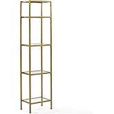 Allora Narrow 4-Shelf Glass Etagere, 73" H x 18" W x 12" D, Tempered Glass and Metal, Antique Gold Finish, Modern and Sturdy 