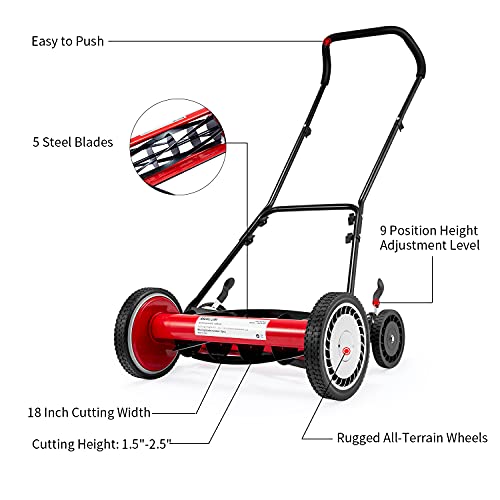 YOLENY Lawn Mower, 18Inch 5Blade Push Manual Reel Mower, 9 Position