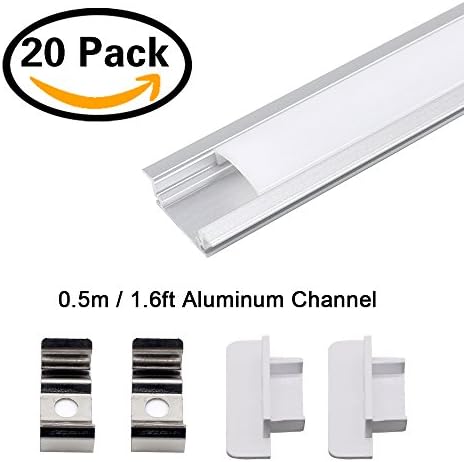 JIRVY U-Shape 0.5m / 1.64ft Aluminum Channel For Flex / Hard LED Strip Lights With White Diffuser Cover, End Caps And Metal Mounting Clips, 20 Pack