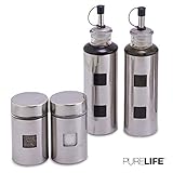 Salt and Pepper Shakers & Vinegar and Olive Oil Dispensers for the Kitchen - Airtight Glass Condiment Jars & Refillable Bottles for Cooking - 4 Pc Set Covered in Elegant Protective Stainless Steel