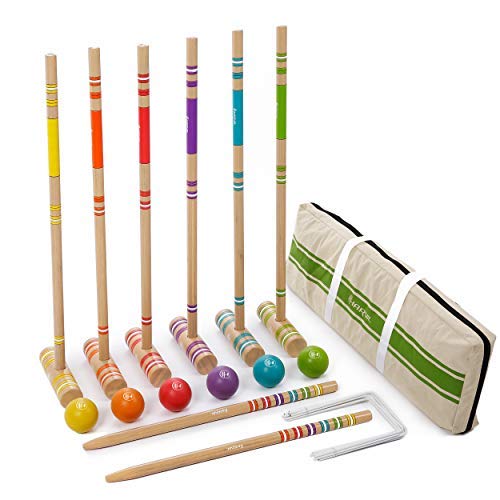 Harvil 6-Player Croquet Set for All Ages with Mallets, Balls, Stake Posts, Wickets, and Carrying Case - Light Wood