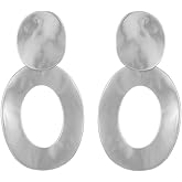 Matte Gold Silver Harmmered Disc Clip On Earrings for Women Big Oval Hoop Dangle Clip Earrings for Women Girls Gift