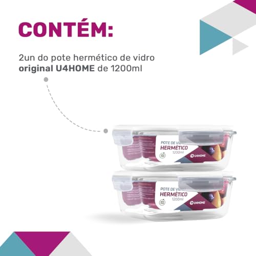 Kit 2 Potes de Vidro Quadrado com Tampa Hermética 1200ml (Branco)
