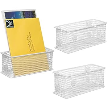 MyGift White Mesh Magnetic Storage Baskets, Office Supply Organizer, Set of 3