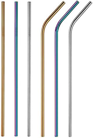 BOENFU Premium Stainless Steel Straws, 6 Pcs Metal Drinking Straws with 2 Clean Brushes for 20/30 OZ Tumblers, Smoothie, Milkshake, Cocktail, Cold Beverage, Soft, Hot Drinks (3 Straight, 3 Bend)