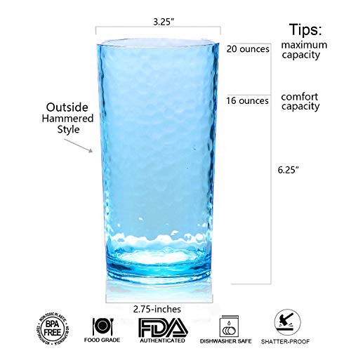 20-ounce Acrylic Glasses Plastic Tumbler, set of 6 Multicolor - Hammered Style, Dishwasher Safe, BPA Free