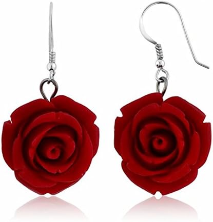 Nuwastone 20MM 925 Red Simulated Coral Carved Rose Flower Earrings Steel Needle Type