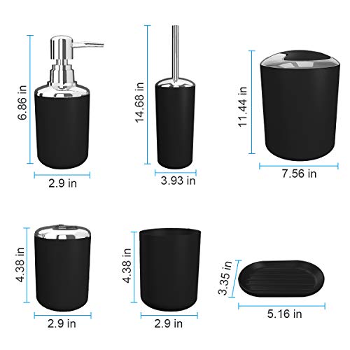 Bathroom Accessories Set 6 Pieces Plastic Bathroom Accessories Toothbrush Holder, Rinse Cup, Soap Dish, Hand Sanitizer Bottle, Waste Bin, Toilet Brush with Holder (Black)
