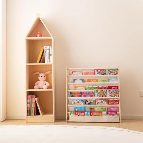 AM ANNA Wooden Bookshelf for Kids,6 Tier Kids Bookshelf Wood Bookrack Canvas Book Storage Shelf Display,Bookshelf Kid Books and Magazines Easy to Reach Book Shelves (60 CM)