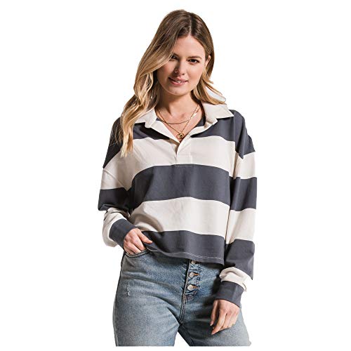 Z Supply Clothing Women's Rugby Stripe Collared Long Sleeve T-Shirt, Champagne Mist/Storm Grey, Medium