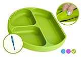 Babiere Silicone Toddler Plate - Powerful Suction Base Stays Put to Highchair - Grip Dish with Divided Sections - BPA & Toxin Free, Microwave & Freezer Safe - Free Silicone Baby Spoon - Green