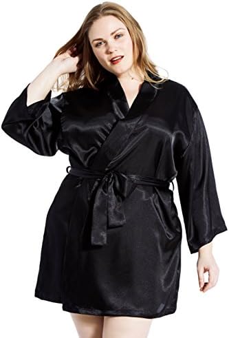Jovannie Satin Robe Plus Size 3/4 Sleeve with Matching Sash Short Length (Black, 6X)