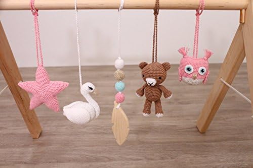 Pink & gold woodland baby gym toys set of 5. Swan, Bear, Owl, Star, Feather. White, pink, gold. Baby girl gift. Handmade in eastern Europe.