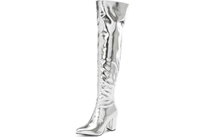 YIYA Women's Metallic Over the Knee High Boots Pointed Toe Chunky Mid Heel Thigh High Fashion Dress Boots Zipper Long Boots