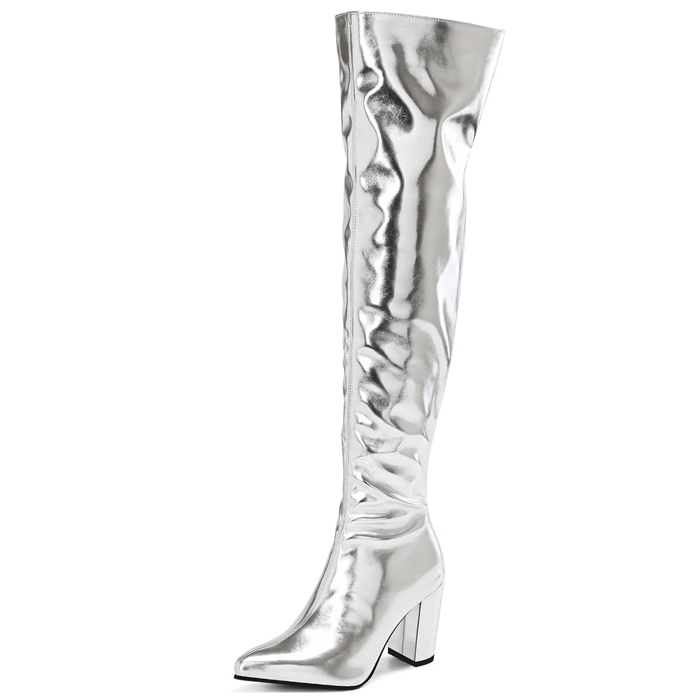 Photo 1 of YIYA Women's Metallic Silver Over the Knee High Boots Pointed Toe Chunky Mid Heel Thigh High Fashion Dress Zipper Long Boots size 42